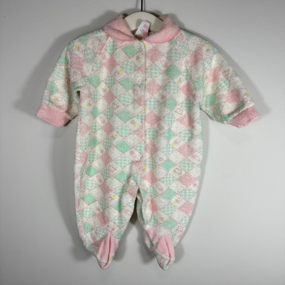 VTG Goldtex Baby Footed Sleeper Argyle Pastel Pink Green Terry Cloth GT24 14lb